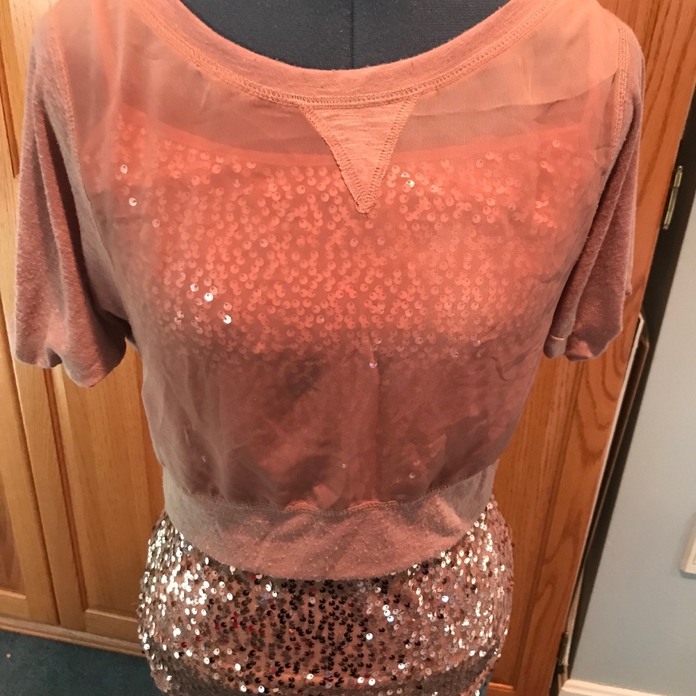 2 pc sheer top with sequin cami- champagne colored